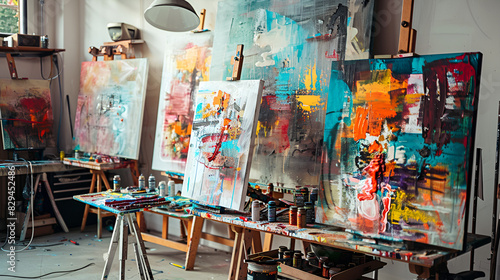 Three contemporary abstract paintings on the art studio. Nonfigurative abstract paintings of the same artistic series with colorful stains and strong brush texture, Generative AI