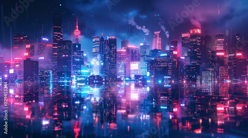 A futuristic city skyline adorned with sleek  reflective towers  illuminated by a dazzling array of neon lights against the night sky.