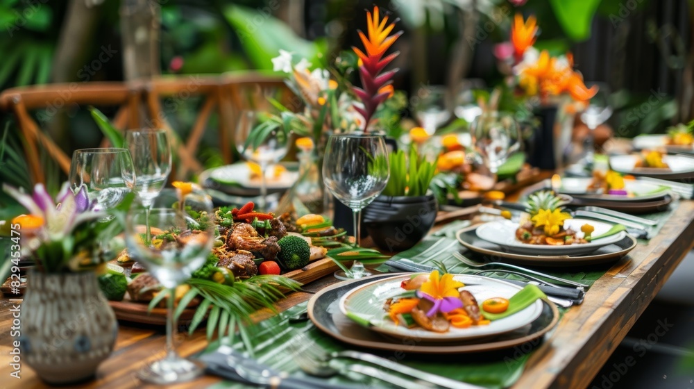 Naklejka premium A table set with an assortment of tropical dishes all beautifully plated and ready to be practiced on by workshop participants.
