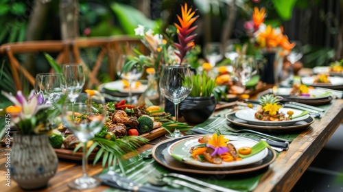 A table set with an assortment of tropical dishes all beautifully plated and ready to be practiced on by workshop participants.