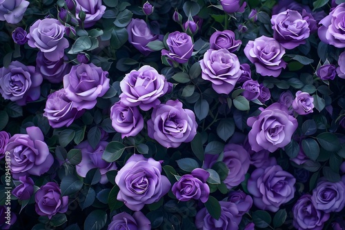A close-up view of a vibrant bush filled with beautiful purple roses