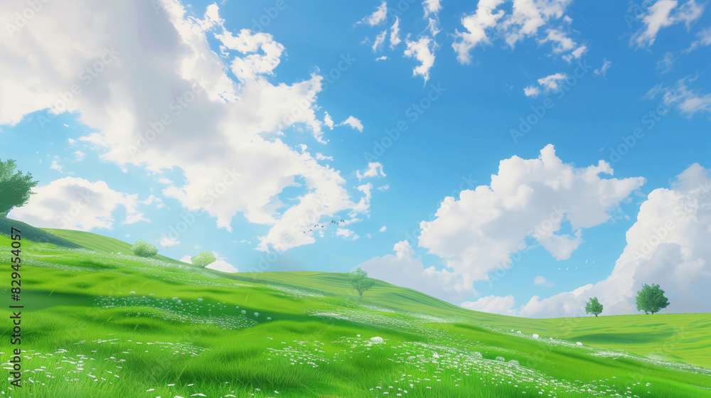 Obraz premium 爽やかな青空と緑の草原