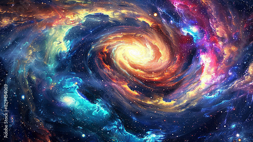 A mesmerizing galaxy swirling with vibrant colors, dotted with celestial bodies and sparkling nebulae.