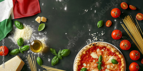 Italian food creative background for menu and restaurant. Typical Italian dishes in Italy. Pizza, pasta, cheese, parmesan, basil, herbs, tomatoes, and tomato sauce. Food menu, copy space design.