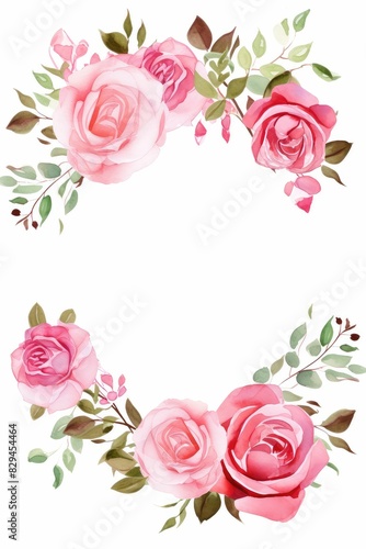 pink rose themed frame or border for photos and text. watercolor illustration  Perfect for nursery art  simple clipart  single object  white color background. for invitation  wedding or greeting cards