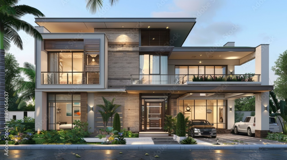 Fototapeta premium Modern Beachfront House with Palm Trees