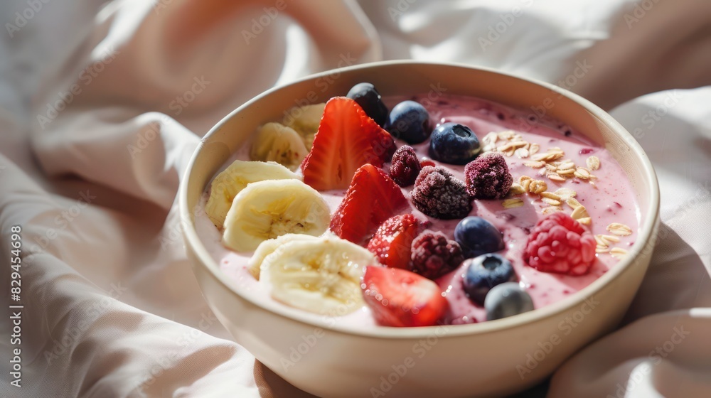 A nutritious berry smoothie bowl garnished with fresh fruits like strawberries, blueberries, and sliced bananas, perfect for a healthy breakfast A nutritious berry smoothie bowl garnished with fresh fruits like strawberries, blueberries, and sliced bananas, perfect for a healthy breakfast
