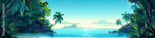 A tropical landscape of jungle on a sea beach with jungle trees and grass silhouetted in the water. Modern cartoon illustration of an exotic island with a shoreline on the ocean.