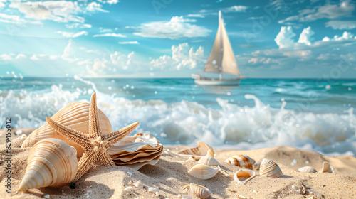 Photo starfish and shells on sandy beach on a background of sailboa