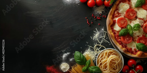 Wallpaper Mural Italian food creative background for menu and restaurant. Typical Italian dishes in Italy. Pizza, pasta, cheese, parmesan, basil, herbs, tomatoes, and tomato sauce. Food menu, copy space design. Torontodigital.ca