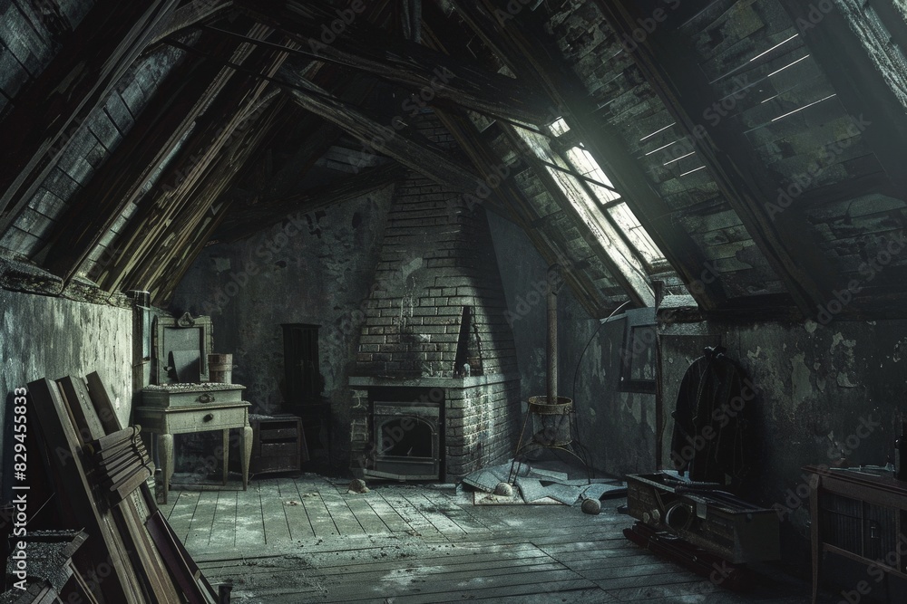 Obraz premium Zimmer eines alten verfallenen Hauses - Generative AI. Beautiful simple AI generated image in 4K, unique.