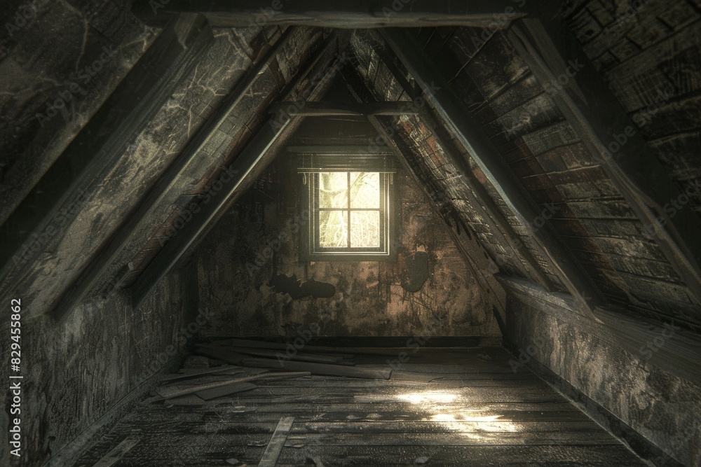 Obraz premium Depressing abandoned room with centered window - landscape color photo. Beautiful simple AI generated image in 4K, unique.