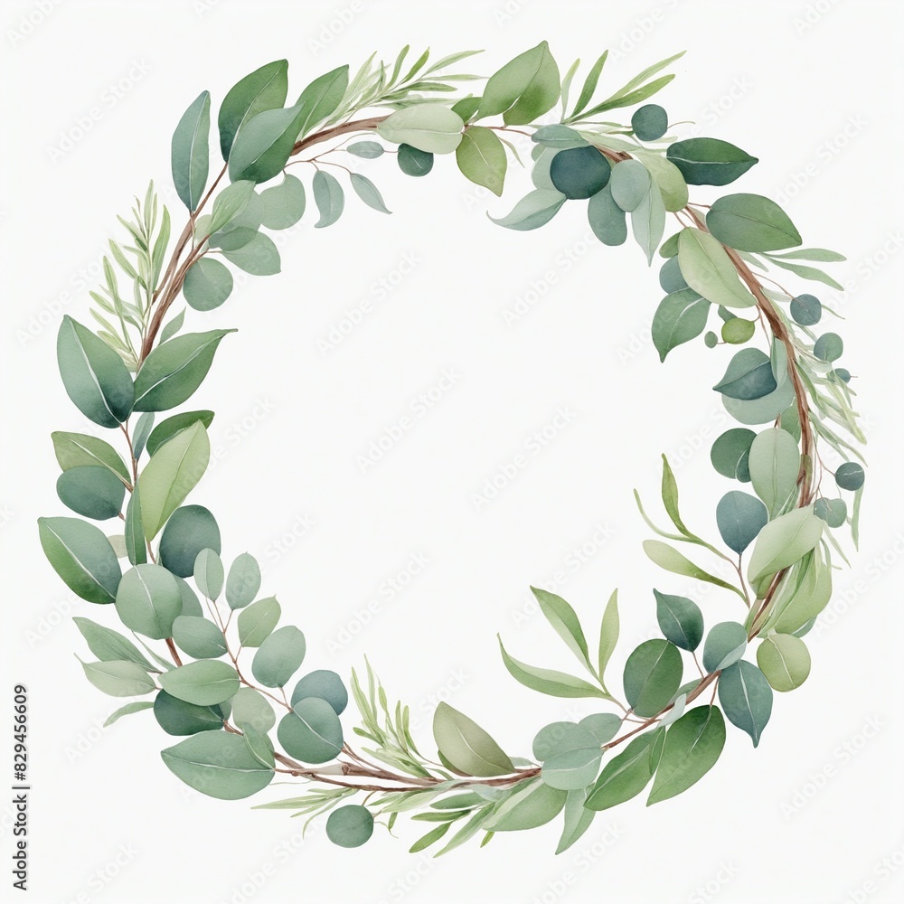 Watercolor painting, floral circular wreath frame template illustration  