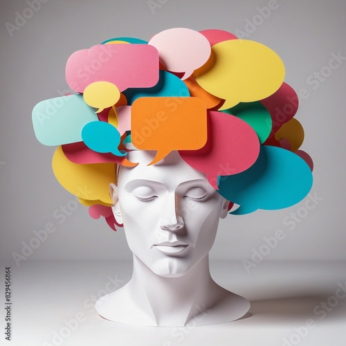 Paper cut man head illustration with chat bubble brain 