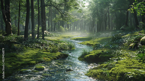 A serene  sun-dappled glade in the heart of a dense forest  where a crystal-clear stream winds its way through a carpet of emerald moss.