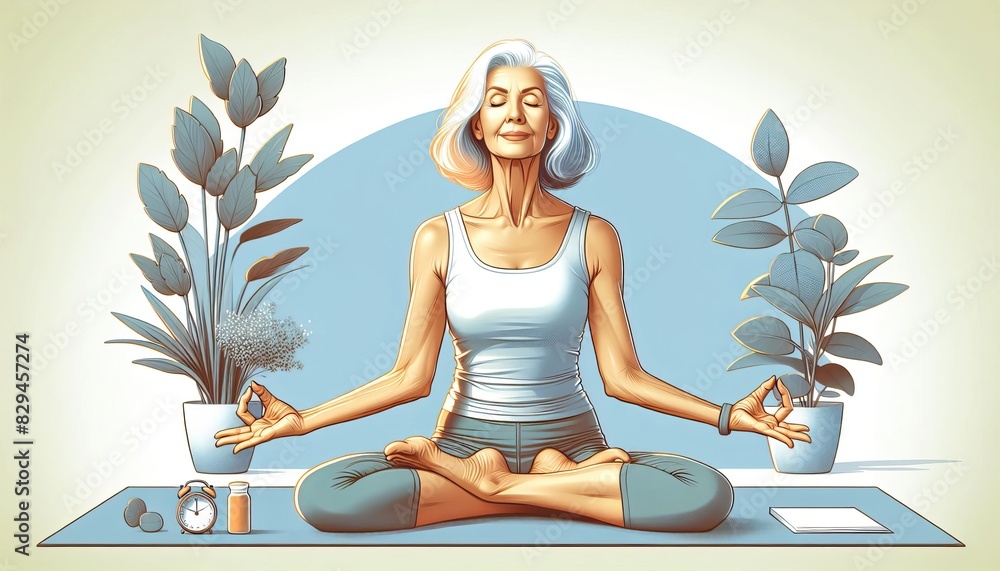 Illustration of an elderly woman practicing yoga in a seated meditation pose on a mat with plants, clock, medicine bottle, and a notebook in a calm setting