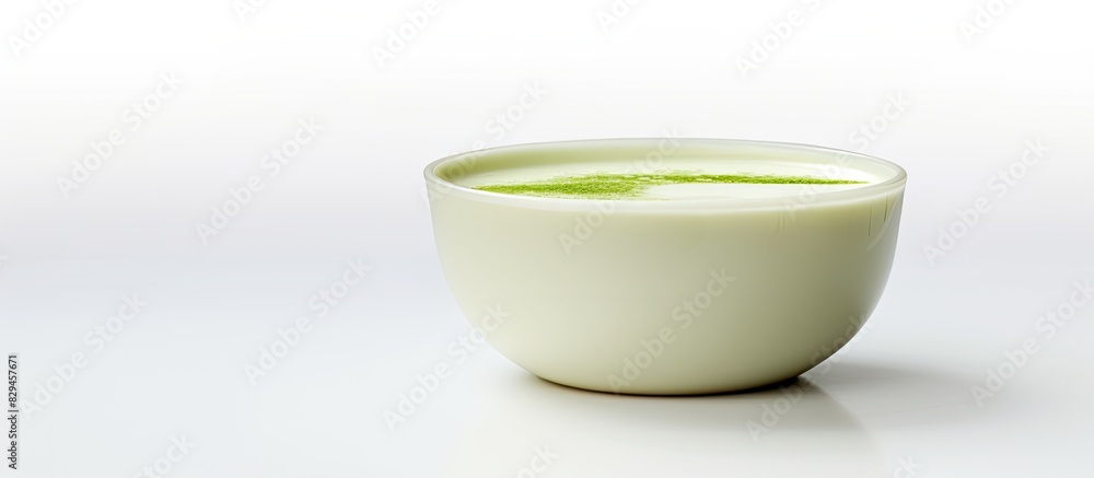 Hot green milk tea in cup on white background. copy space available Hot green milk tea in cup on white background. copy space available