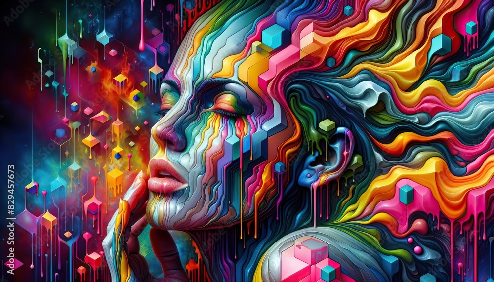 Surreal portrait of a woman with colorful flowing lines, hexagonal patterns, and dripping paint on a vibrant abstract background
