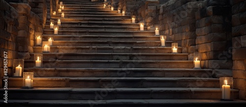 Lanterns of interesting shape stand near a stone staircase. copy space available