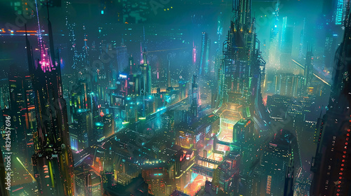 A surreal, alien cityscape stretching to the horizon, where towering spires rise above a labyrinth of twisting streets bathed in neon light. © Sardar