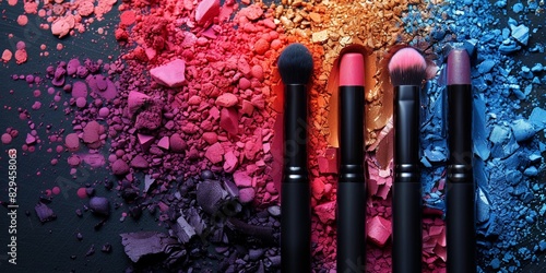 A professional makeup tool set featuring colorful eyeshadow palettes and brushes on a black background. photo