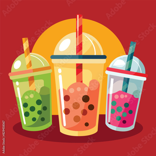 Set of Bubble Tea or Coffee and milk Drinks. Boba Yummy Beverages Plastic Cups with Straw, Cartoon Vector Illustration