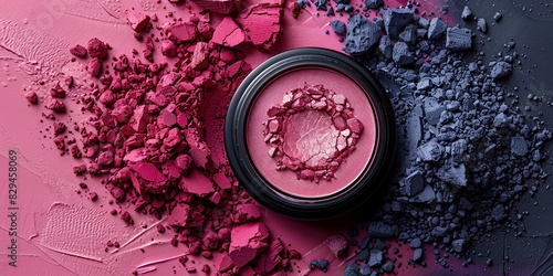 An isolated image of crushed makeup compact showcasing colorful eyeshadow and blush shades. photo