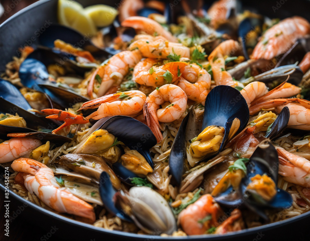 Delicious Seafood Paella with Shrimp and Mussels on Rustic Table Delicious Seafood Paella with Shrimp and Mussels on Rustic Table
