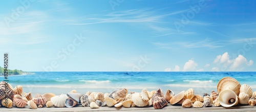 Marine summer postcard Seashells on blue wooden boards in the sand on the beach. copy space available