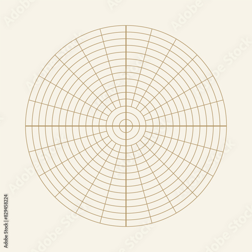 Polar coordinate circular grid isolated on white background. 360 degrees scale. Blank polar graph paper. Vector illustration. Mathematical graph. Lined blank on transparent background