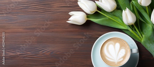 Cup of coffee with bouquet of white tulips Valentines Mothers Womens Day morning concept Top view Copy space flat lay