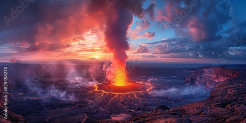 An explosive volcano spews fire, smoke, and lava, creating a dangerous yet mesmerizing natural spectacle. photo