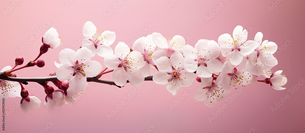 Sakura blooming spring flowers on a pink background with space for a greeting message The concept of spring and mother s day Beautiful delicate pink cherry flowers in springtime. copy space available
