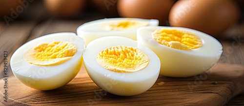 whole and sliced boiled eggs on a light wooden background closeup with copy space