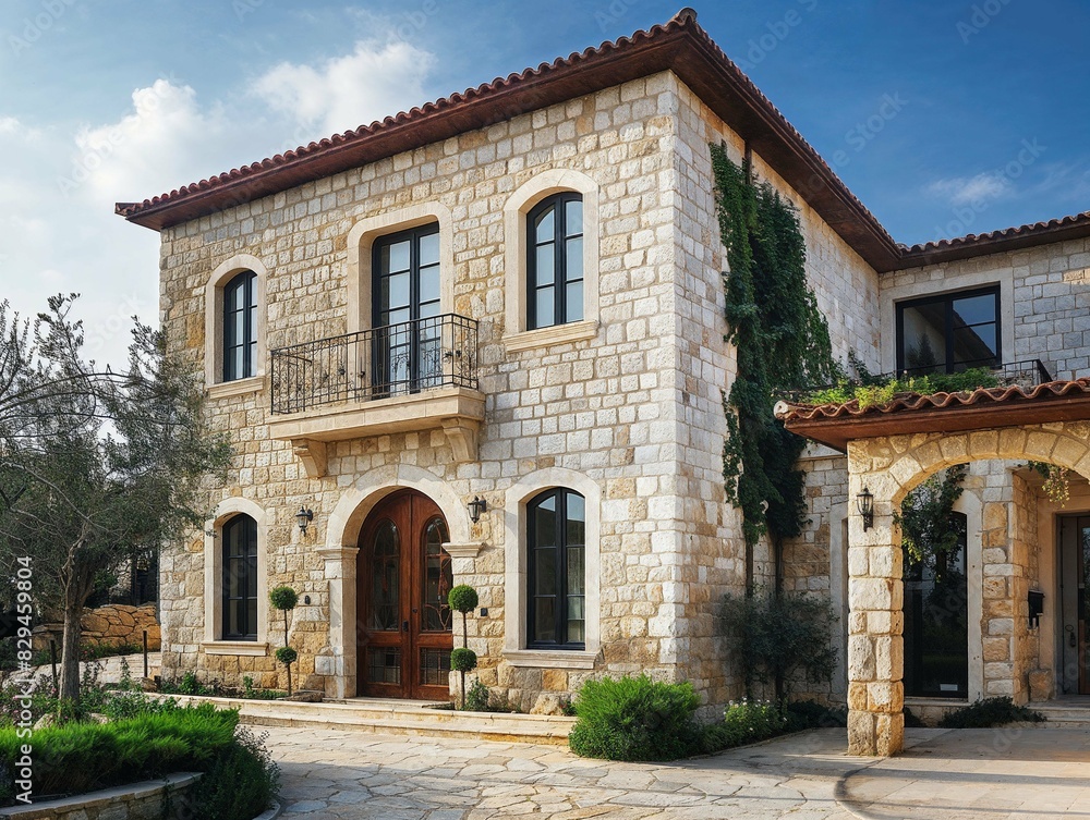 Rustic stone house with a red-tiled roof and lush greenery. Rustic stone house with a red-tiled roof and lush greenery.