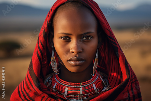 Masai woman draped in red shuka on savanna