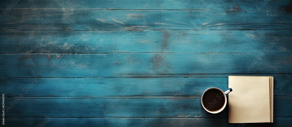 Open empty notebook on blue wooden table retro background. copy space available Open empty notebook on blue wooden table retro background. copy space available