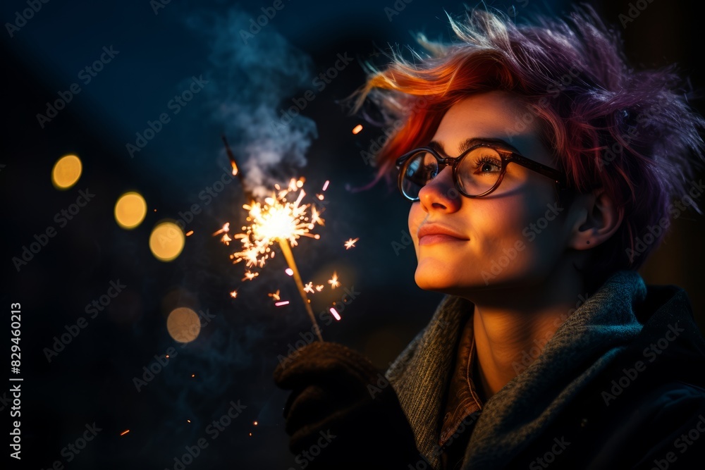 Portrait of a non-binary individual holding a sparkler and gazing at fireworks on New Year's Eve, filled with wonder Portrait of a non-binary individual holding a sparkler and gazing at fireworks on New Year's Eve, filled with wonder