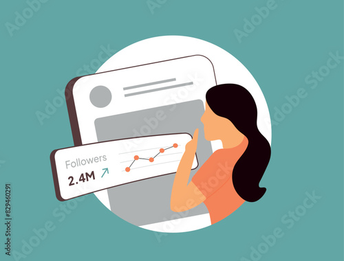 Follower Growth Rate - influencer marketing statistics. SMM insights ROI graphs, social media analytics with influencer data charts. Social media follower growth isolated vector illustration