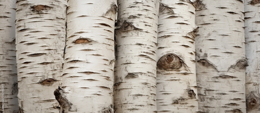 Fototapeta premium Birch Tree Trunk Texture Close Up View Natural Background of Birch Tree Trunk with White and Black Details of Tree Organic Bark Wood Birch Tree Cortex Layer Structure Backdrop with Empty Copy Space