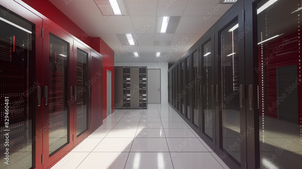 Server room, Data center with operational server racks. Concept: Modern telecomunication, AI, Supercomputer technology