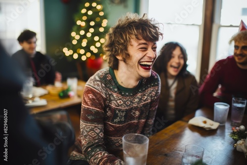 Portrait of a transmasculine person wearing a festive sweater and laughing joyfully at a holiday gathering photo