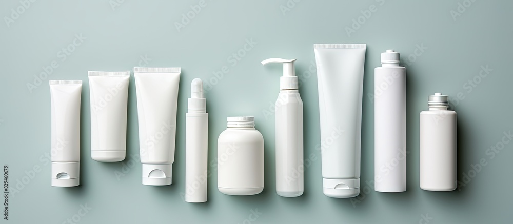 Group of plastic bodycare bottle Flat lay composition with cosmetic products on colored background empty space for you design Set of White Cosmetic containers top view with copy space Group of plastic bodycare bottle Flat lay composition with cosmetic products on colored background empty space for you design Set of White Cosmetic containers top view with copy space