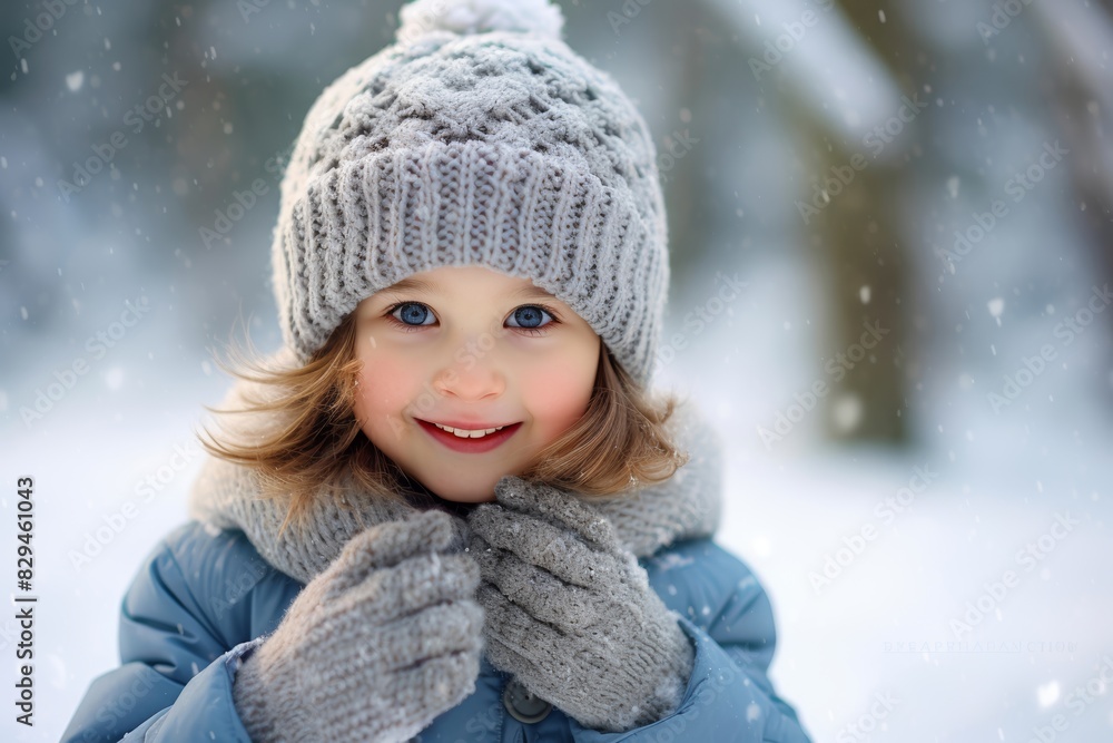 A child wearing a knitted hat and mittens playing in the snow A child wearing a knitted hat and mittens playing in the snow