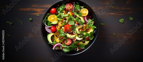 Ready served salad in bowl on dark table background View from above Detox Healthy Food Concept. copy space available
