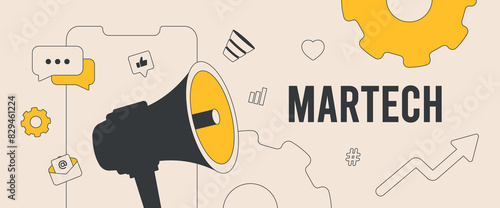 Martech solutions and technology marketing concept. Key trends include automation software, data analytics and marketing strategy integration. Martech ecosystem strategies vector header illustration