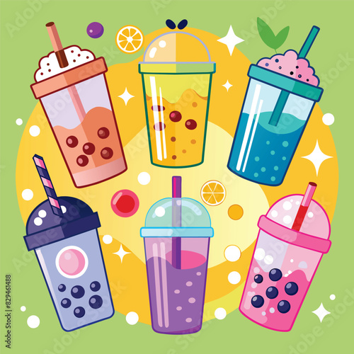 Set of Bubble Tea or Coffee and milk Drinks. Boba Yummy Beverages Plastic Cups with Straw, Cartoon Vector Illustration
