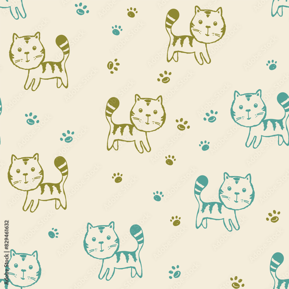 Seamless pattern with cute kitten print. Different scandy cats on color background. Scandinavian style illustration for kids. Vector illustration for fabric, textile, wallpaper, home clothing, pajama Seamless pattern with cute kitten print. Different scandy cats on color background. Scandinavian style illustration for kids. Vector illustration for fabric, textile, wallpaper, home clothing, pajama