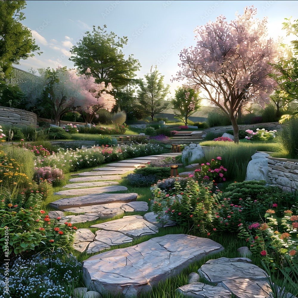 A stone path winds through a lush garden with colorful flowers and trees.