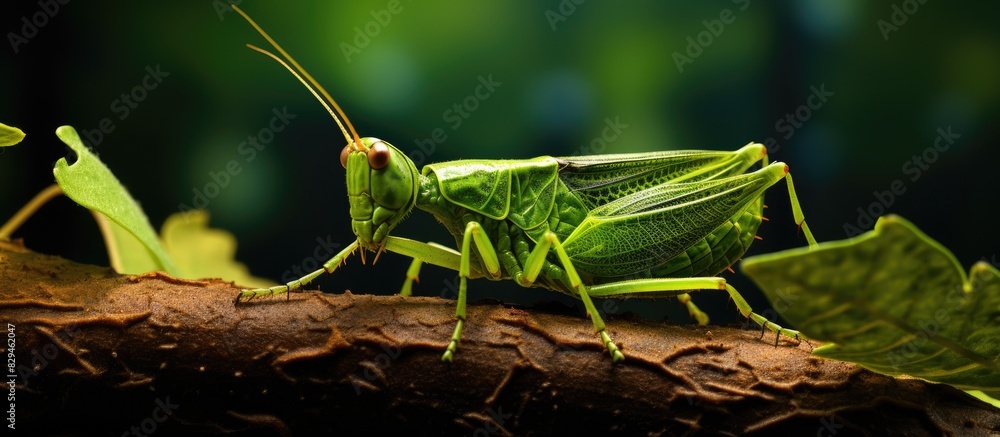 Fototapeta premium Phyllium giganteum leaf insect walking leave. copy space available